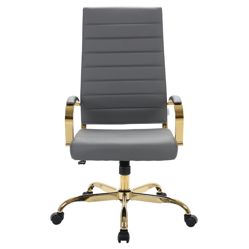 LeisureMod Benmar High-Back Leather Office Chair With Gold Frame in Gray
