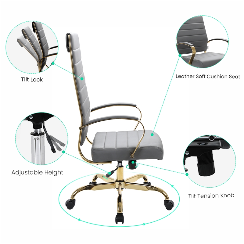 LeisureMod Benmar High-Back Leather Office Chair With Gold Frame in Gray