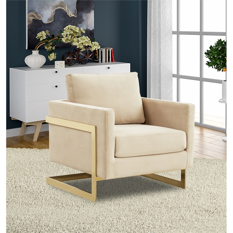 leisuremod lincoln velvet accent arm chair with gold frame in beige