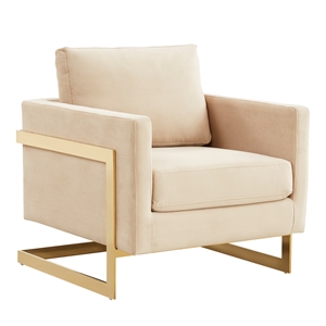 LeisureMod Lincoln Velvet Accent Arm Chair With Gold Frame in Beige