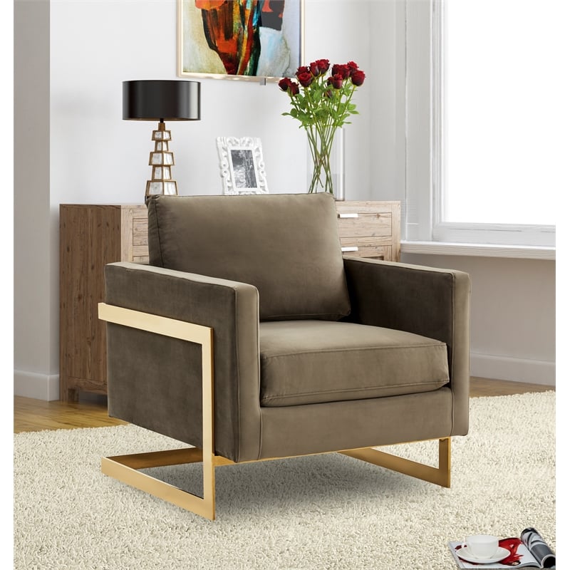 LeisureMod Lincoln Velvet Accent Arm Chair With Gold Frame in Dark Gray