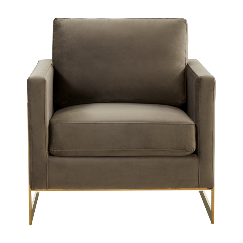 LeisureMod Lincoln Velvet Accent Arm Chair With Gold Frame in Dark Gray