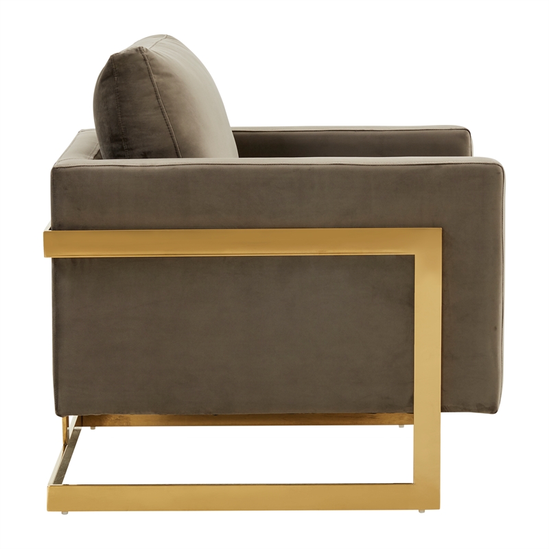 LeisureMod Lincoln Velvet Accent Arm Chair With Gold Frame in Dark Gray