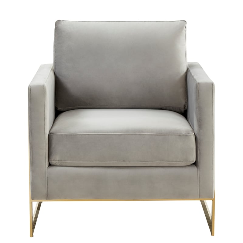 LeisureMod Lincoln Velvet Accent Arm Chair With Gold Frame in Light Gray