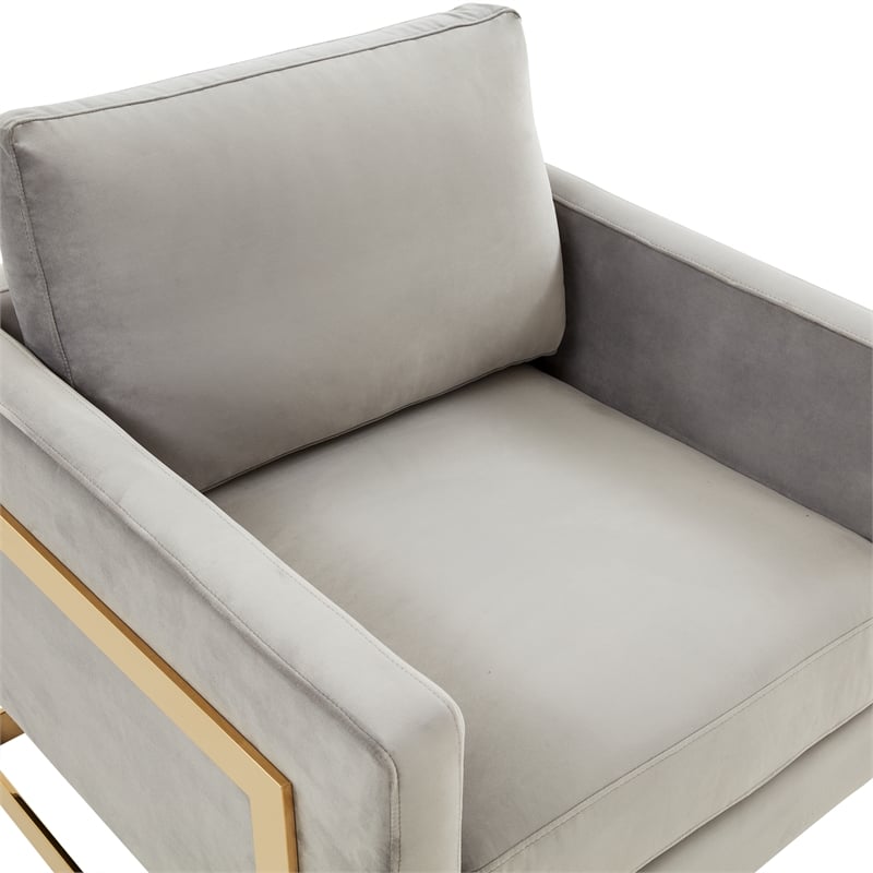 LeisureMod Lincoln Velvet Accent Arm Chair With Gold Frame in Light Gray