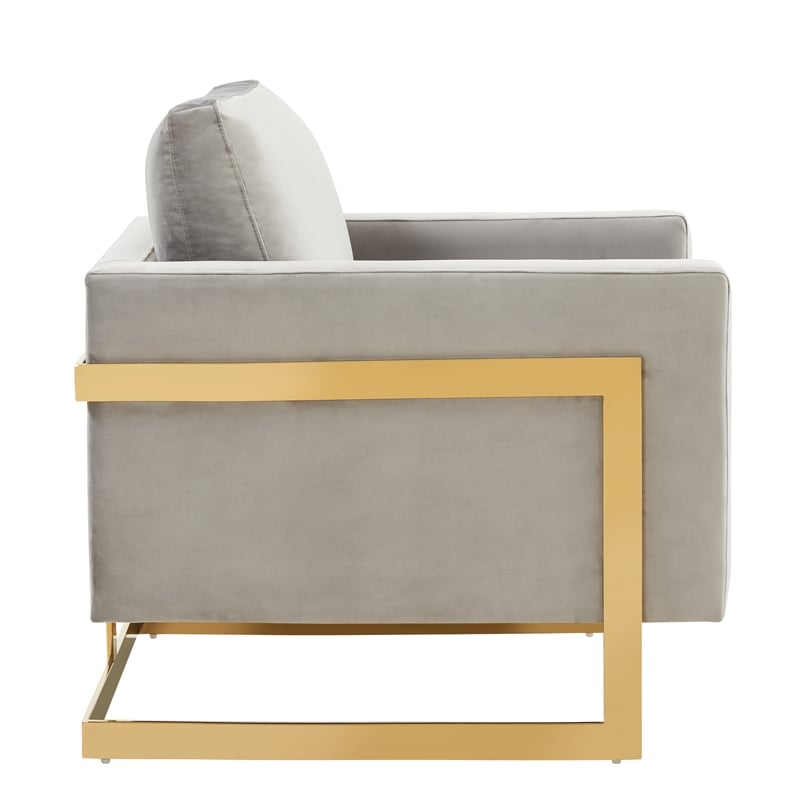 LeisureMod Lincoln Velvet Accent Arm Chair With Gold Frame in Light Gray