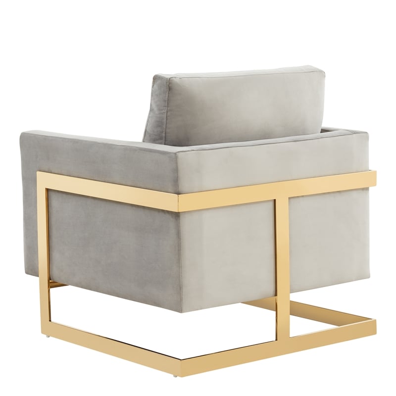 LeisureMod Lincoln Velvet Accent Arm Chair With Gold Frame in Light Gray