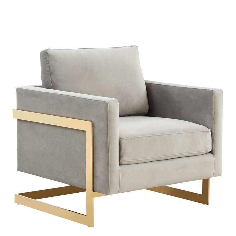 LeisureMod Lincoln Velvet Accent Arm Chair With Gold Frame in Light Gray