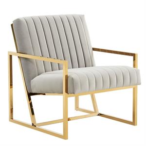 LeisureMod Montgomery Velvet Pinstripe Accent Chair Armchair In Light Grey