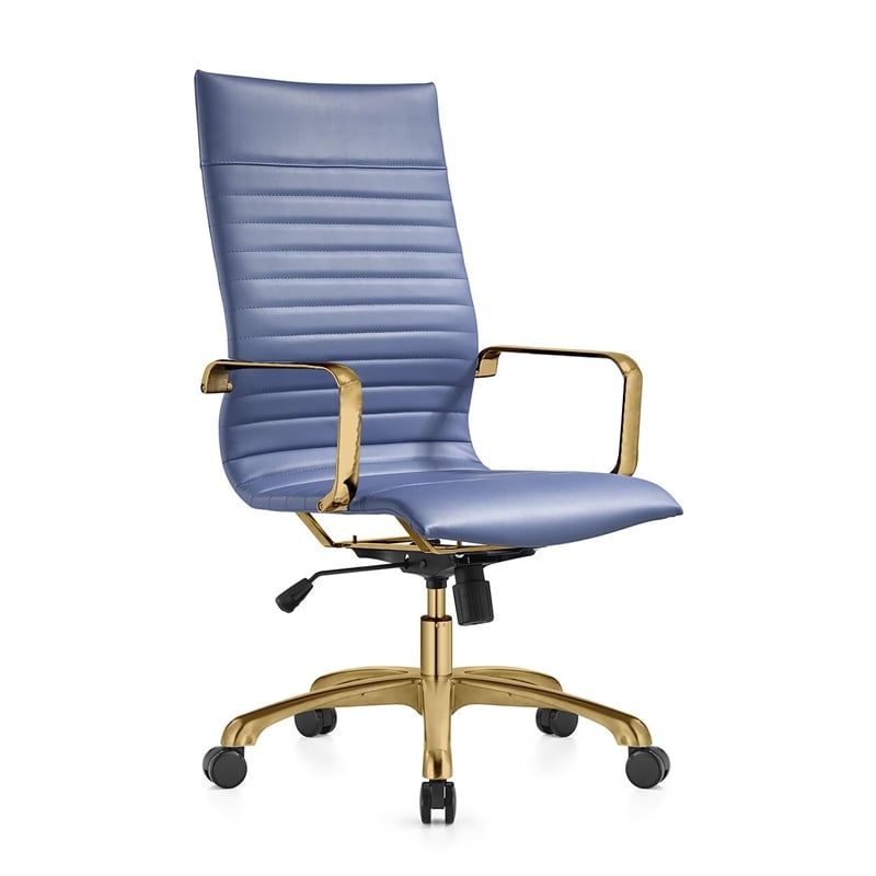 LeisureMod Harris High-Back Leather Office Chair With Gold Frame in Navy Blue