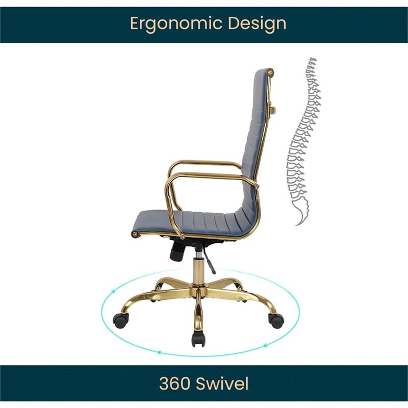LeisureMod Harris High-Back Leather Office Chair With Gold Frame in Navy Blue