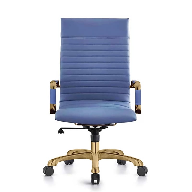 LeisureMod Harris High-Back Leather Office Chair With Gold Frame in Navy Blue
