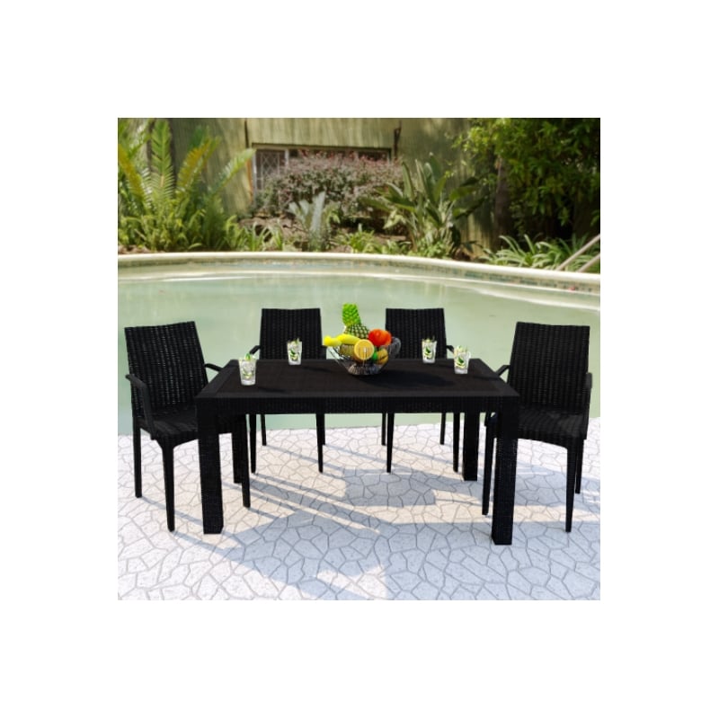 LeisureMod Mace Modern Weave Design Outdoor Patio Rectangle Black Dining Table