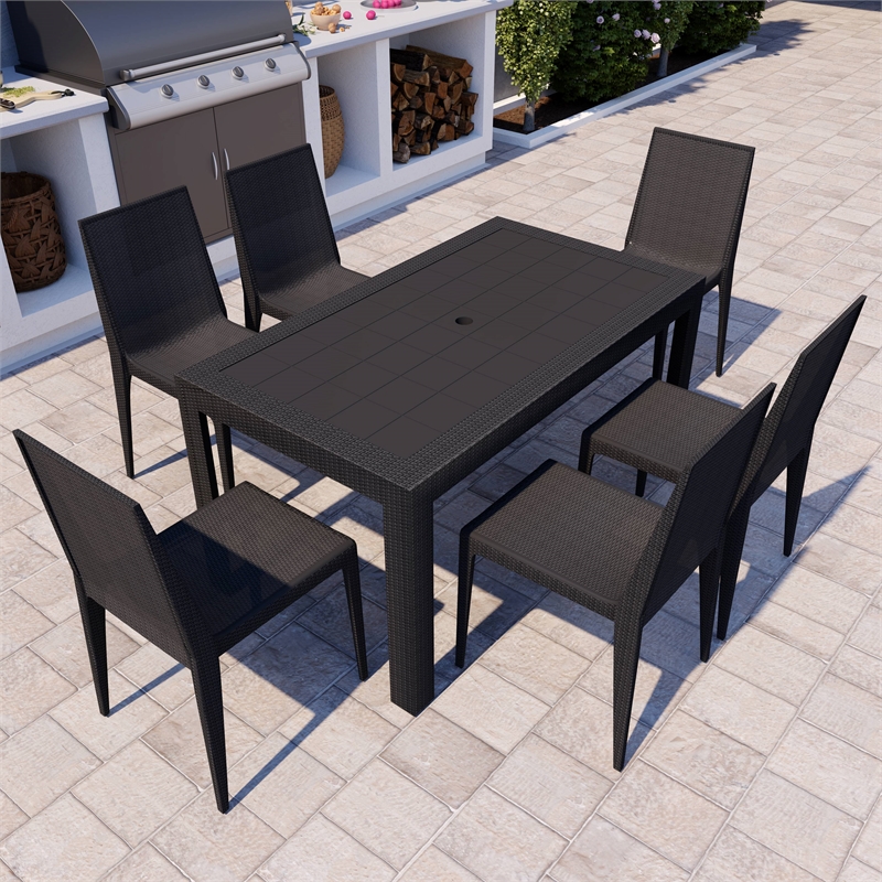 LeisureMod Mace Modern Weave Design Outdoor Patio Rectangle Black Dining Table