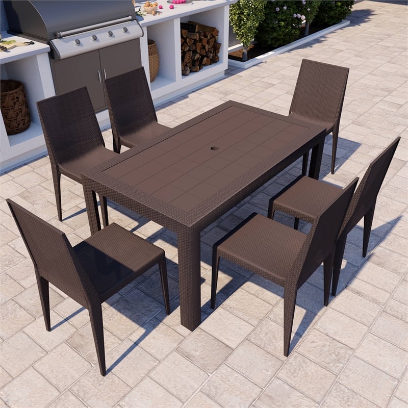 LeisureMod Mace Modern Weave Design Outdoor Patio Rectangle Brown Dining Table