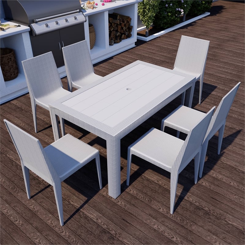 LeisureMod Mace Modern Weave Design Outdoor Patio Rectangle White Dining Table