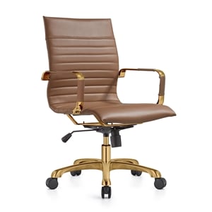 LeisureMod Harris Modern Leather Swivel Gold Office Chair in Light Brown