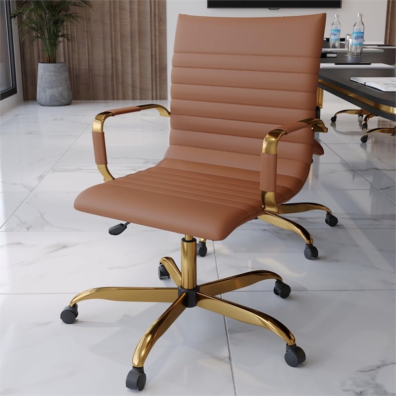 LeisureMod Harris Modern Leather Swivel Gold Office Chair in Light Brown