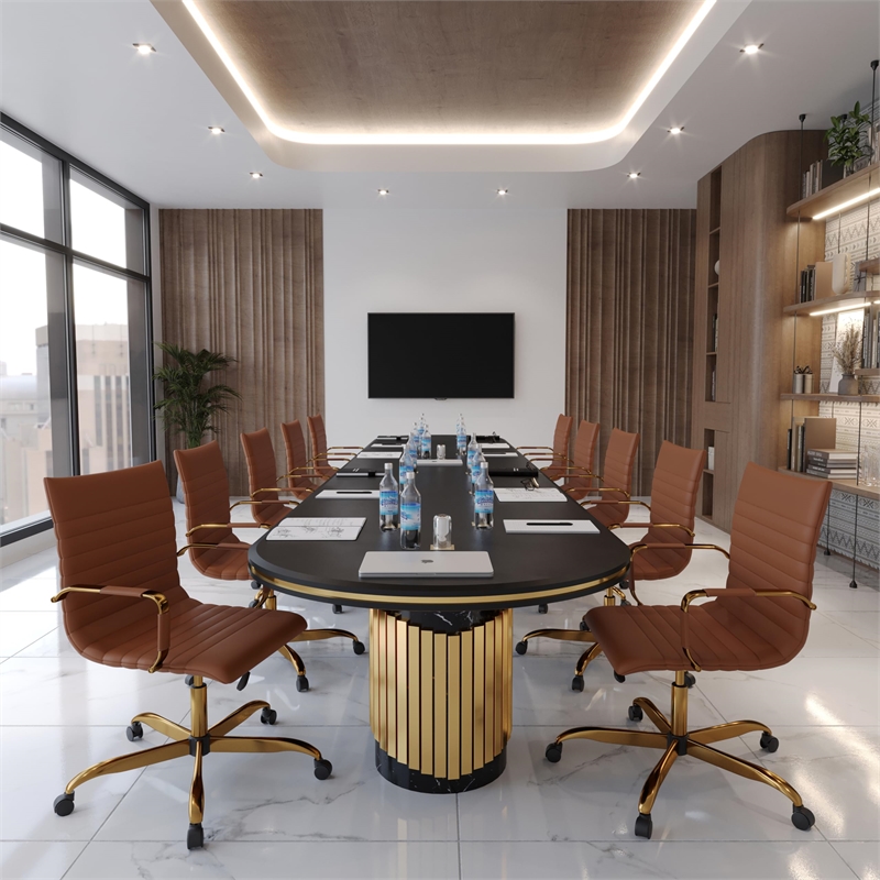 LeisureMod Harris Modern Leather Swivel Gold Office Chair in Light Brown