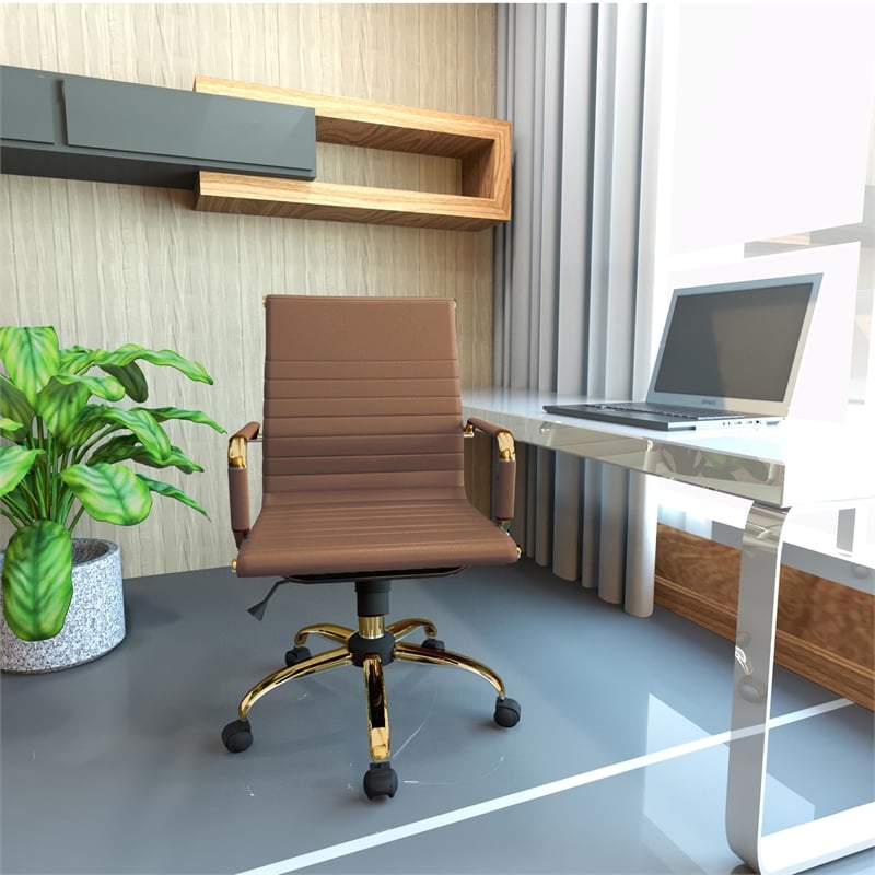 LeisureMod Harris Modern Leather Swivel Gold Office Chair in Light Brown