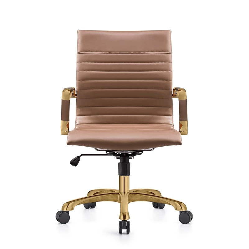 LeisureMod Harris Modern Leather Swivel Gold Office Chair in Light Brown