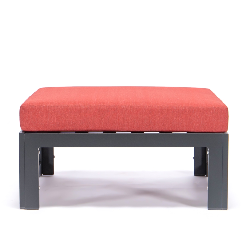 LeisureMod Chelsea Patio Aluminum Ottoman with Red Cushions (Set of 2)