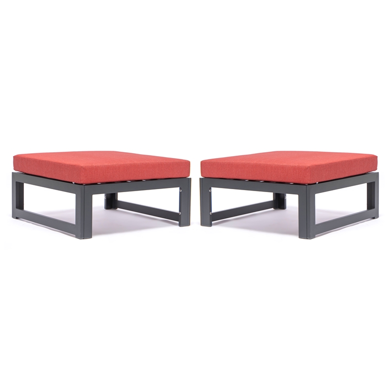 LeisureMod Chelsea Patio Aluminum Ottoman with Red Cushions (Set of 2)