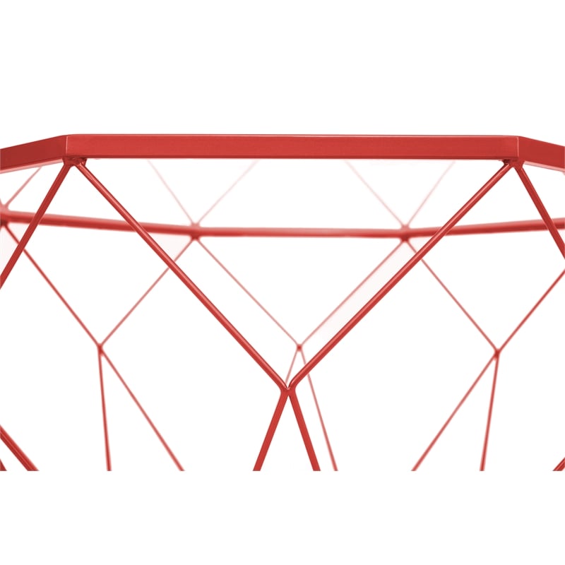 LeisureMod Malibu Large Modern Octagon Glass Top Metal Red Base Coffee Table