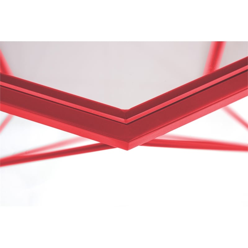 LeisureMod Malibu Large Modern Octagon Glass Top Metal Red Base Coffee Table