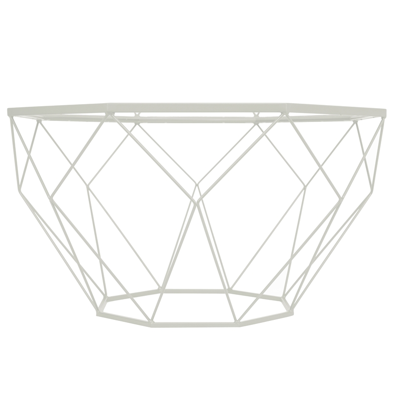LeisureMod Malibu Large Modern Octagon Glass Top Metal White Base Coffee Table