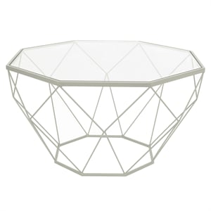 LeisureMod Malibu Large Modern Octagon Glass Top Metal White Base Coffee Table