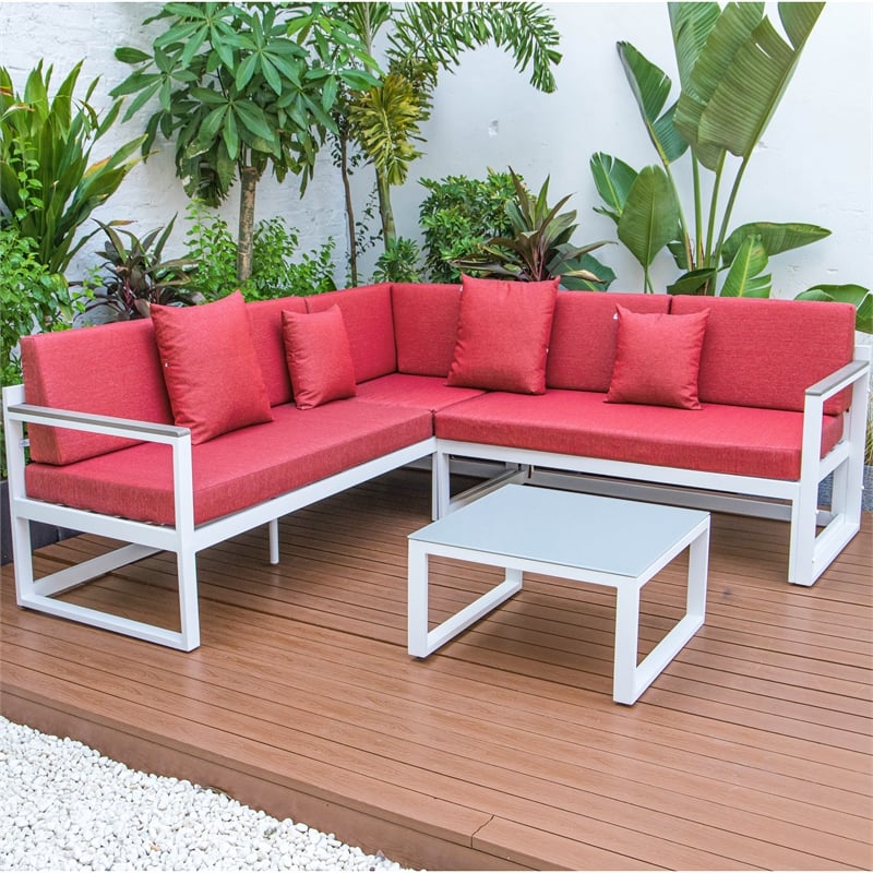 LeisureMod Chelsea Modern White 3 Piece Outdoor Aluminum Sectional Red
