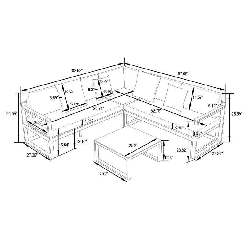 LeisureMod Chelsea Modern White 3 Piece Outdoor Aluminum Sectional Red