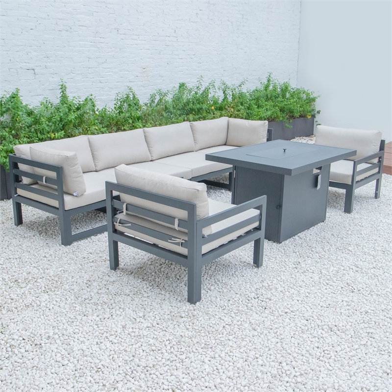 LeisureMod Chelsea 7Piece Outdoor Sectional With Fire Pit Table In