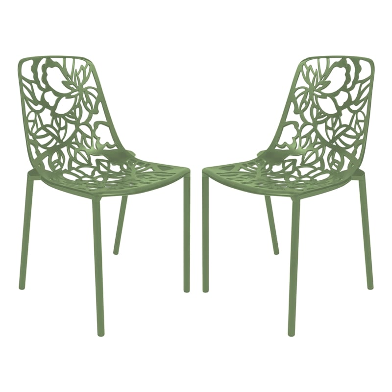 LeisureMod Devon Modern Indoor Outdoor Dining Chair in Khaki Green Set of 2
