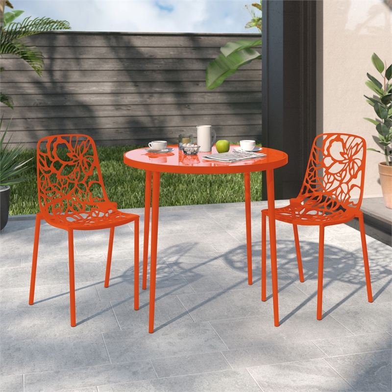LeisureMod Devon Modern Indoor Outdoor Aluminum Dining Chair in Orange Set of 2