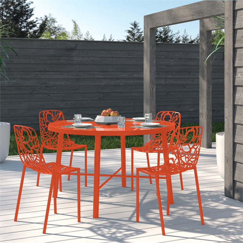 LeisureMod Devon Modern Indoor Outdoor Aluminum Dining Chair in Orange Set of 4