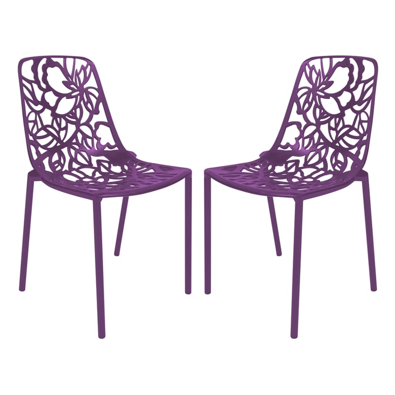 LeisureMod Devon Modern Indoor Outdoor Aluminum Dining Chair in Purple Set of 2