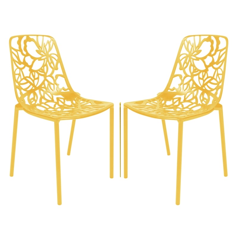 LeisureMod Devon Modern Indoor Outdoor Aluminum Dining Chair in Yellow Set of 2