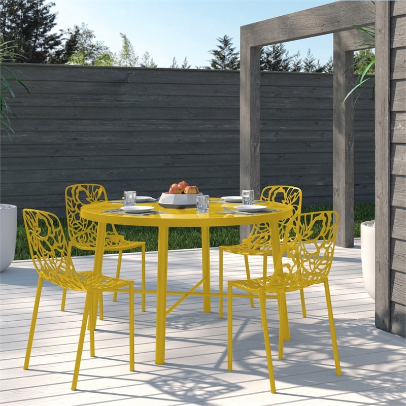 LeisureMod Devon Modern Indoor Outdoor Aluminum Dining Chair in Yellow Set of 4