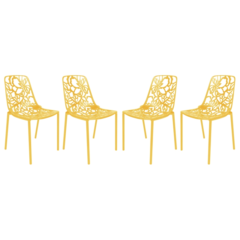 LeisureMod Devon Modern Indoor Outdoor Aluminum Dining Chair in Yellow Set of 4