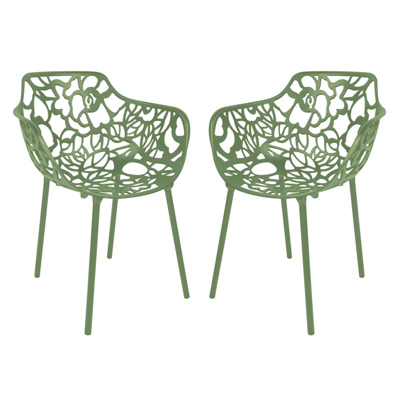 LeisureMod Devon Modern Aluminum Patio Dining Armchair in Khaki Green (Set of 2)