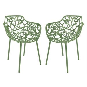 LeisureMod Devon Modern Aluminum Patio Dining Armchair in Khaki Green (Set of 2)