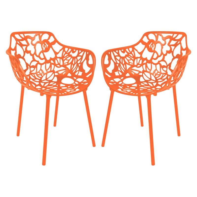 LeisureMod Devon Modern Aluminum Patio Dining Armchair in Orange (Set of 2)