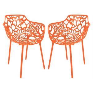 LeisureMod Devon Modern Aluminum Patio Dining Armchair in Orange (Set of 2)