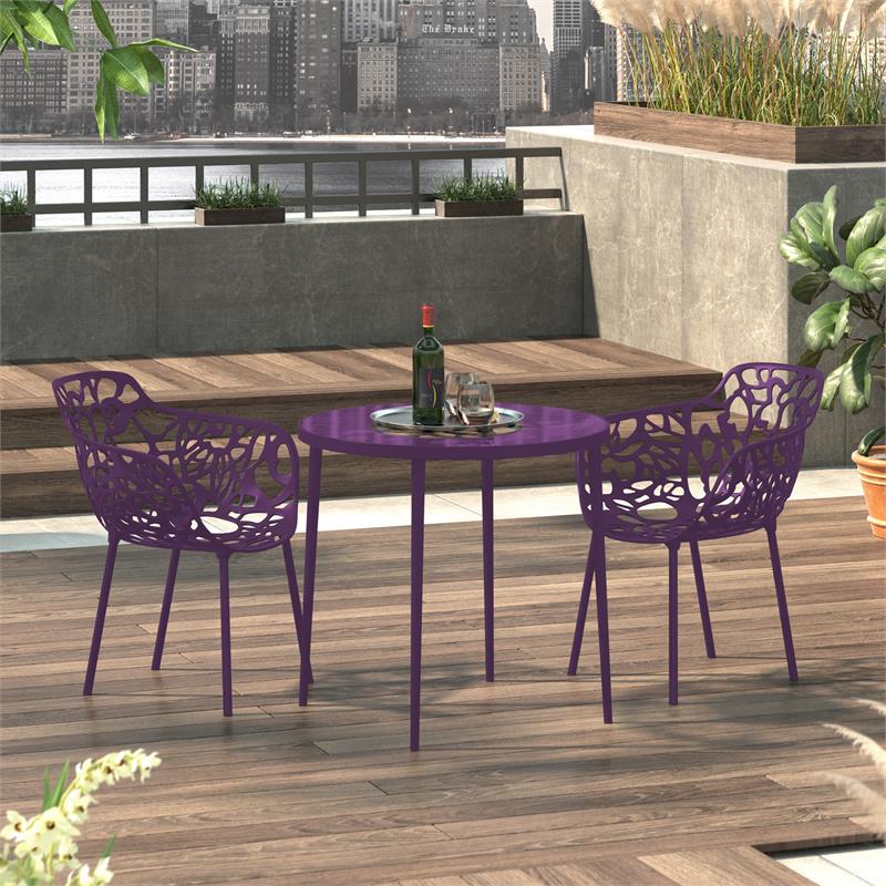 LeisureMod Devon Modern Aluminum Patio Dining Armchair in Purple (Set of 2)