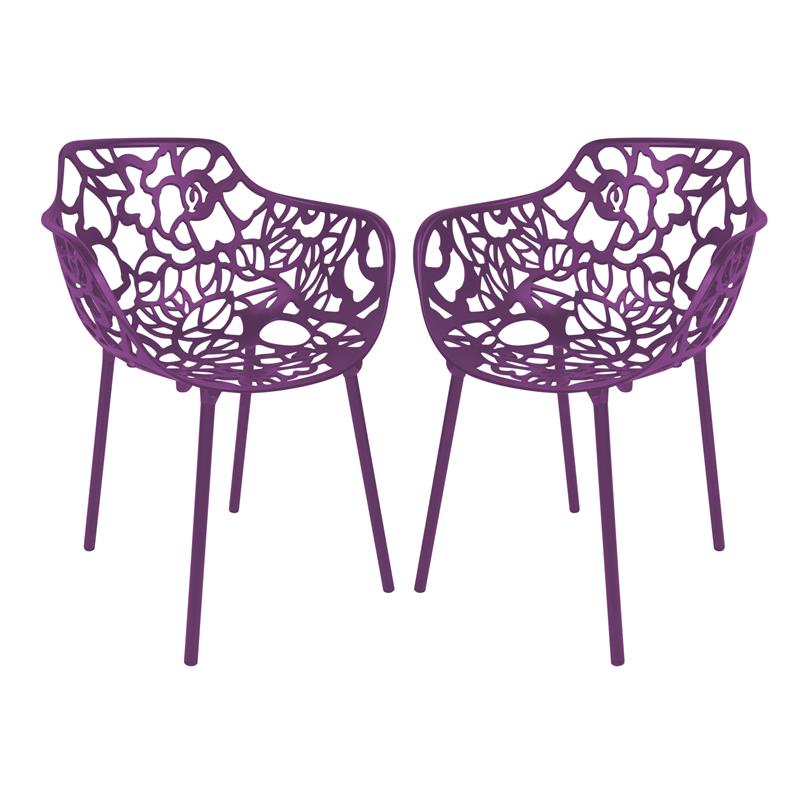 LeisureMod Devon Modern Aluminum Patio Dining Armchair in Purple (Set of 2)
