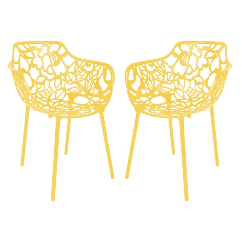 LeisureMod Devon Modern Aluminum Patio Dining Armchair in Yellow (Set of 2)