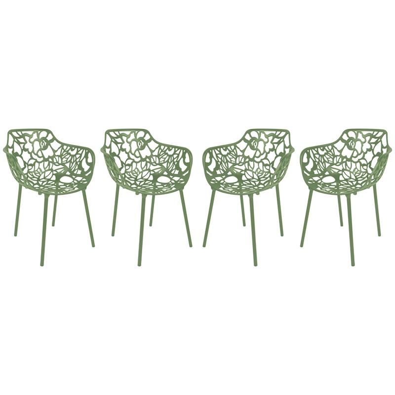 LeisureMod Devon Modern Aluminum Patio Dining Armchair in Khaki Green (Set of 4)