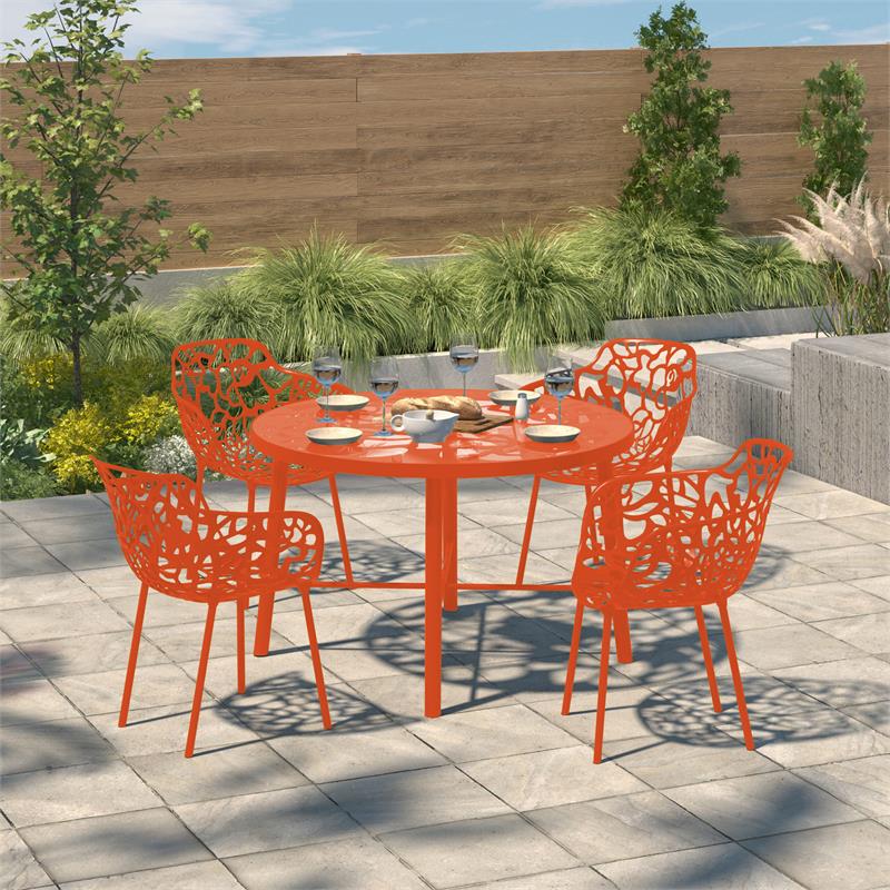 LeisureMod Devon Modern Aluminum Patio Dining Armchair in Orange (Set of 4)
